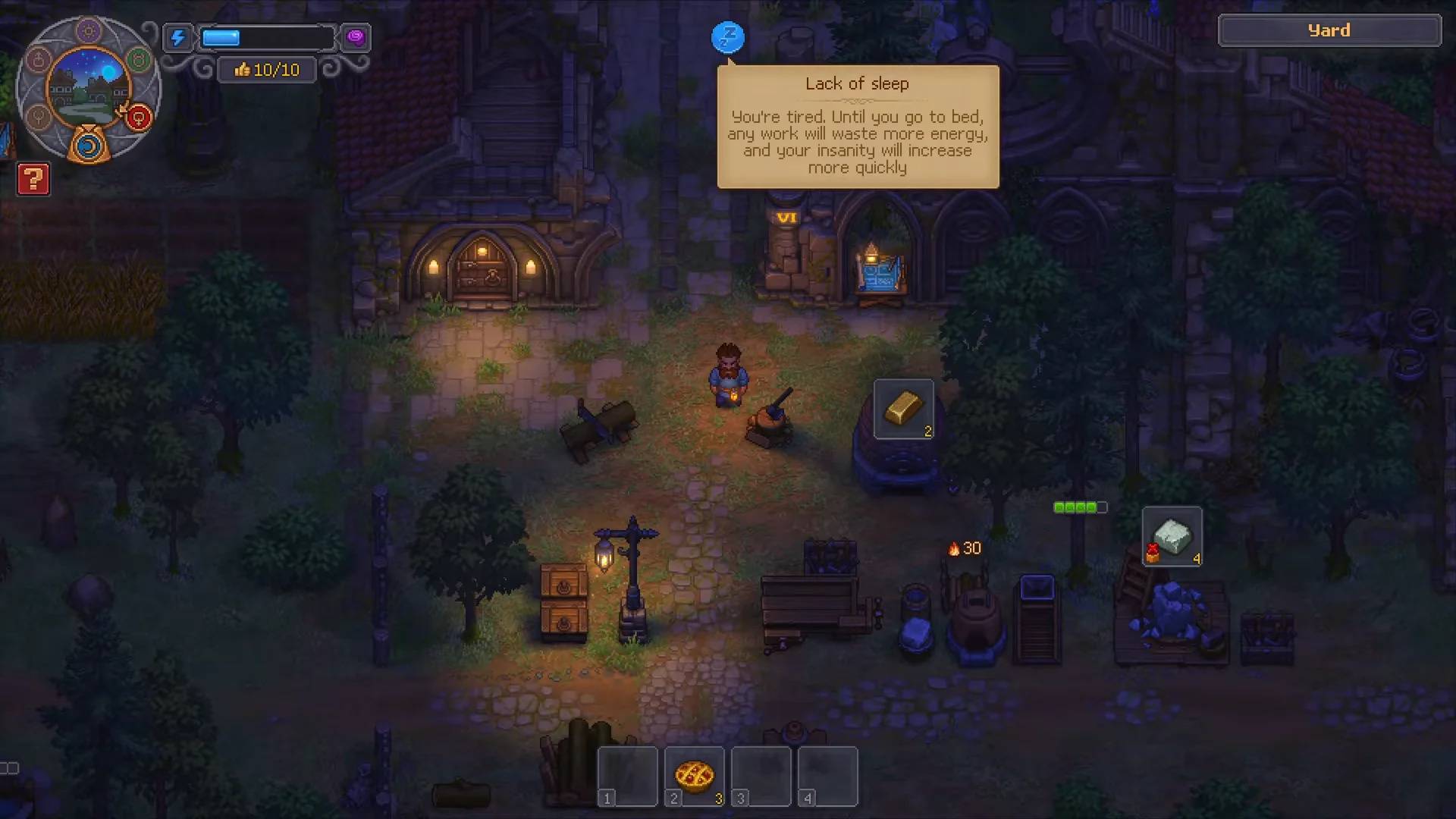 Blue sleep icon and lack of sleep tooltip above the yard