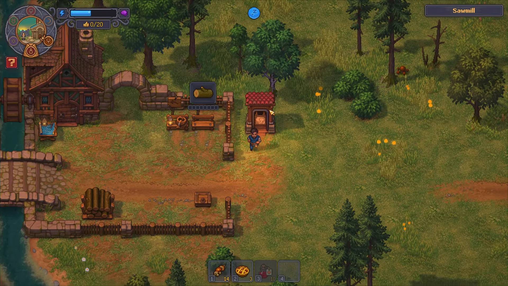 Sawmill work area, log storage and porter building