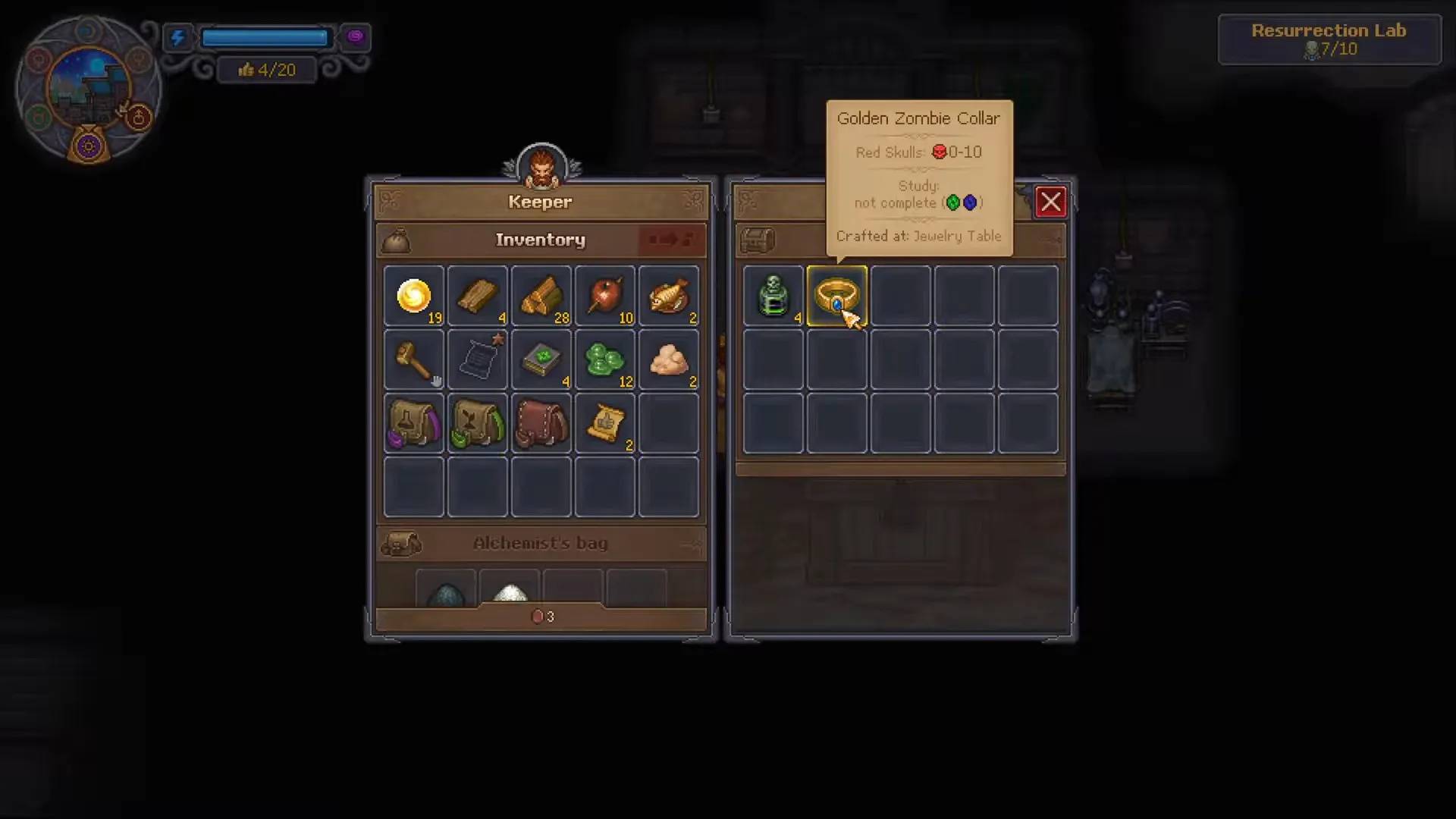 Zombie collar tooltip in the resurrection room